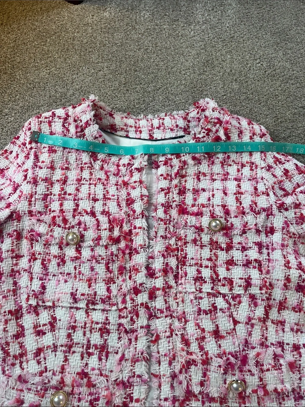 🎀🌺🌸Nanette Lepore sz8 Pink “tweed” Blazer pink red white Fringe Faux Pearls NWT